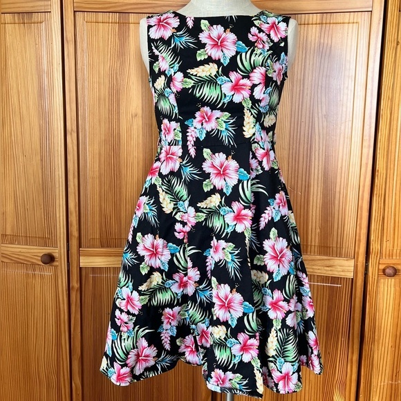 Yeoku Small Fit & Flare Dress Hawaiian Print Colorful 100% Cotton Knee Length - Picture 3 of 8